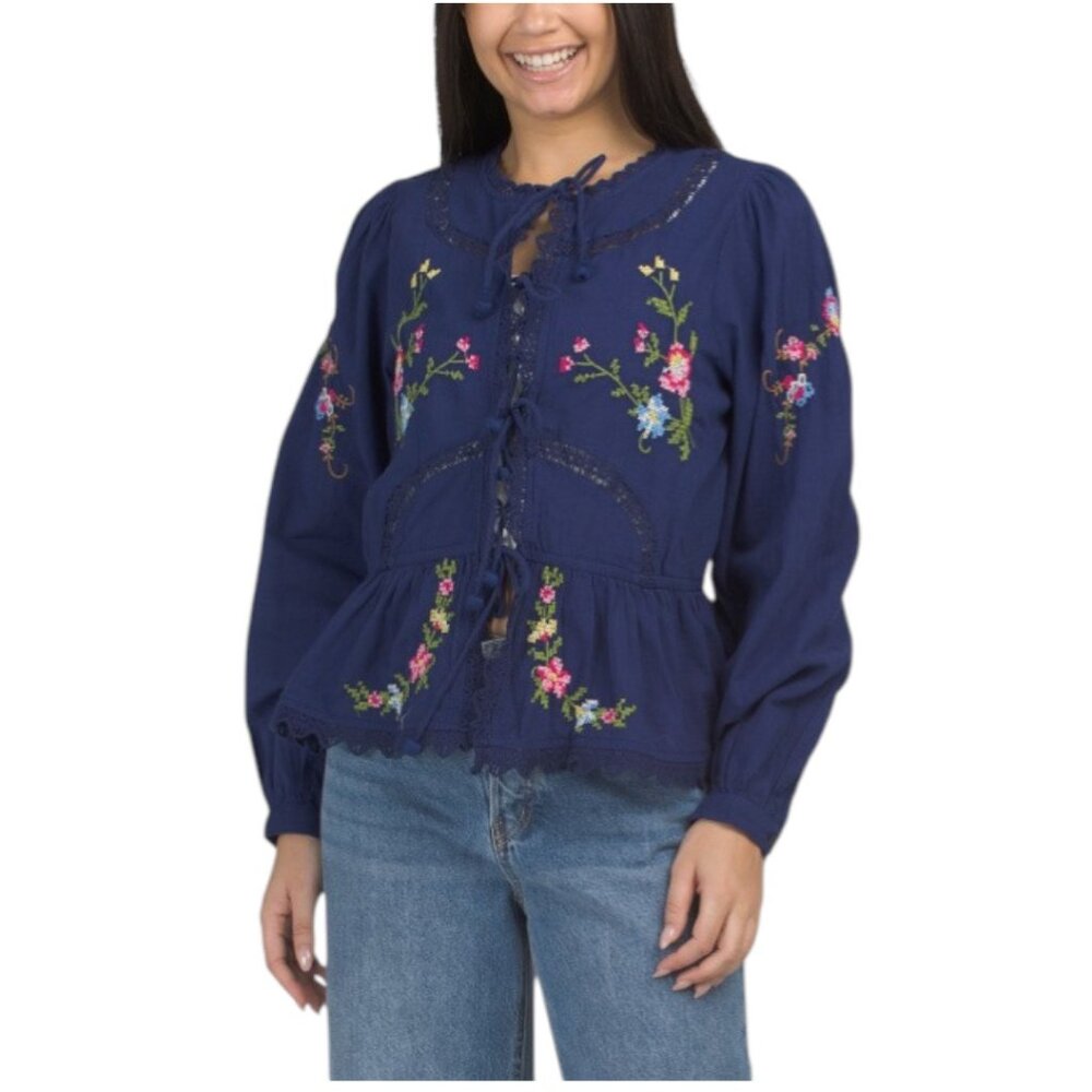 JENNIFER AND GRACE Cross Stitch Embroidered Lace Long Sleeve Blouse